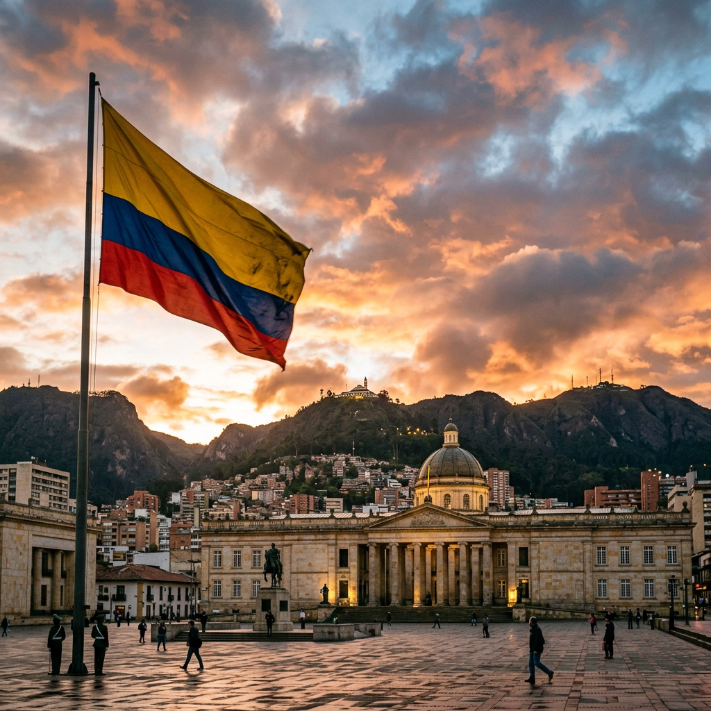 Colombian flag flying in front of Plaza de Bolívar with people and mountains at sunset