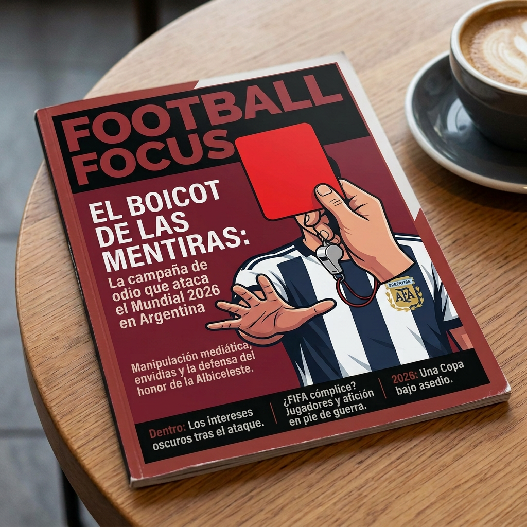 Magazine cover titled Football Focus showing a referee holding a red card to a player in Argentina football jersey